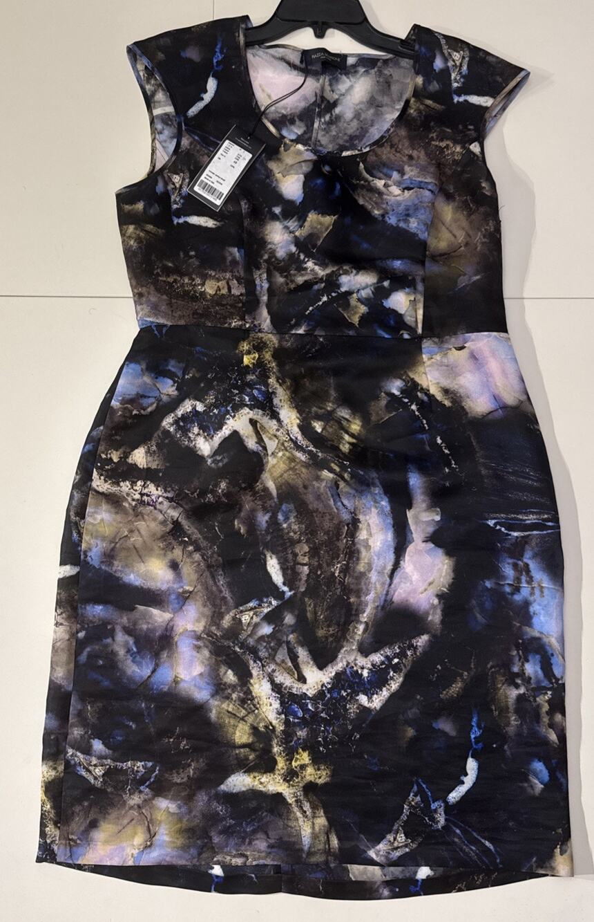 Luxury Piazza Sempione Black & Blue Marble Print 100% Silk Sheath Dress BNWT 48